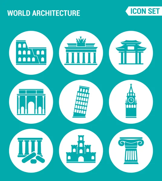 Vector set web icons. World architecture Colosseum, gate, China, Berlin, Leaning Tower, Big Ben, Greek ruins, Castle, Columns. Design of signs, symbols on a turquoise background — Stock Vector