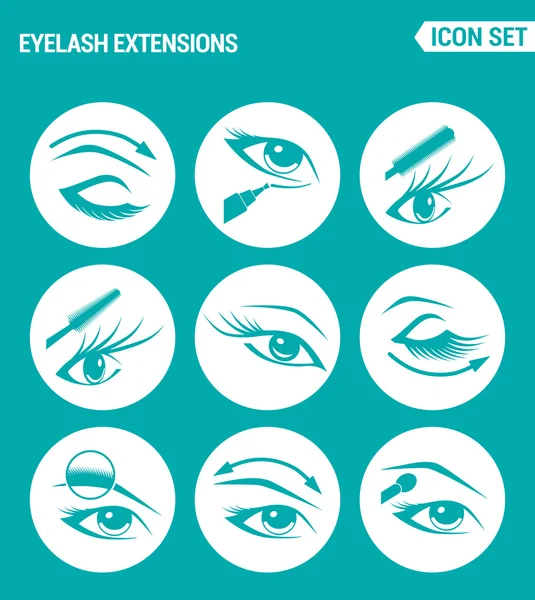 Ensemble de vecteurs icônes web. Extension des cils, yeux, mascara, ombre à paupières, sourcils, eye-liner, augmentation du volume des cils. Conception de signes, symboles sur un fond turquoise — Image vectorielle