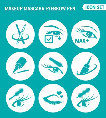 Vektör kümesi web simgeleri ayarlayın. Makyaj maskara kaş, kirpikbakımı, eyeliner. Turkuaz arka plan üzerindeki işaretlerin, sembollerin tasarımı