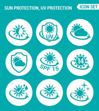 Vektör kümesi web simgeleri ayarlayın. Güneş, uv, ışık koruması, hava koşullarına karşı yuvarlak koruma, krem Spf. İşarettasarımı, turkuaz arka plan üzerinde semboller