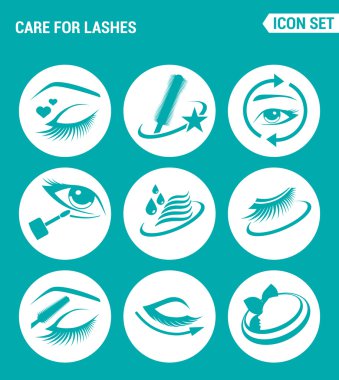 Vektör kümesi web simgeleri ayarlayın. Kirpikler kozmetik, göz, kaş, kirpik, eyeliner, maskara bakımı. Turkuaz arka plan üzerindeki işaretlerin, sembollerin tasarımı