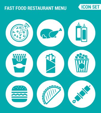 Vektör kümesi web simgesi. fast food restoran menüsü, pizza, tavuk, ketçap, mayonez, patates kızartması, shawarma, patlamış mısır, çizburger, hamburger, kebap. Turkuaz arka plan üzerindeki işaretlerin, sembollerin tasarımı