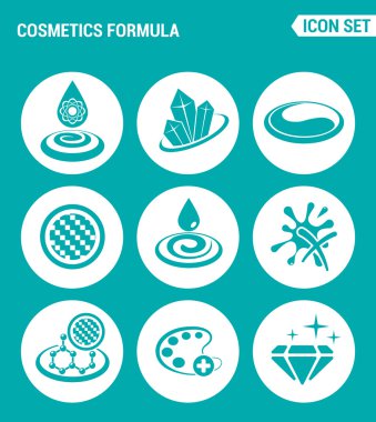 Vektör kümesi web simgeleri ayarlayın. Kozmetik formül özellikleri, parlaklık, yüz rengi iyileştirme, doku, cilt hidrasyon. Turkuaz arka plan üzerindeki işaretlerin, sembollerin tasarımı