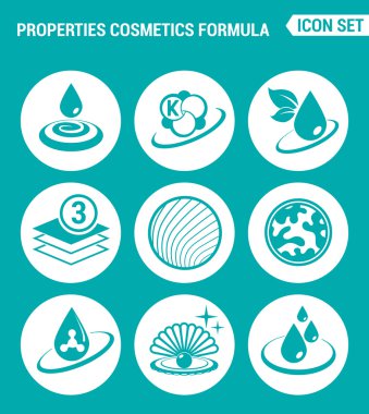 Vektör kümesi web simgeleri ayarlayın. Özellikleri kozmetik formülü Güzellik. Turkuaz bir arka plan üzerinde izole işaretler, semboller gerçek yeni düz tasarım