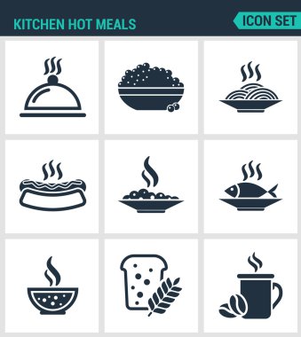 Set of modern vector icons. Kitchen hot meals dish, eggs, pasta, hot doghb, fish, soup, porridge, bread, coffee. Black signs on a white background. Design isolated symbols and silhouettes clipart