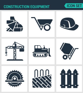 Modern vektör simgeleri kümesi. İnşaat ekipmanları alçı, el arabası, kask, vinç, buldozer, çimento karıştırıcı, testere, yalıtımlı zemin muhafaza. Siyah tabelalar beyaz arka plan. İzole semboller tasarlama