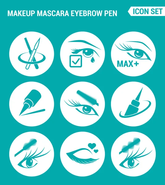 Vektör kümesi web simgeleri ayarlayın. Makyaj maskara kaş, kirpikbakımı, eyeliner. Turkuaz arka plan üzerindeki işaretlerin, sembollerin tasarımı