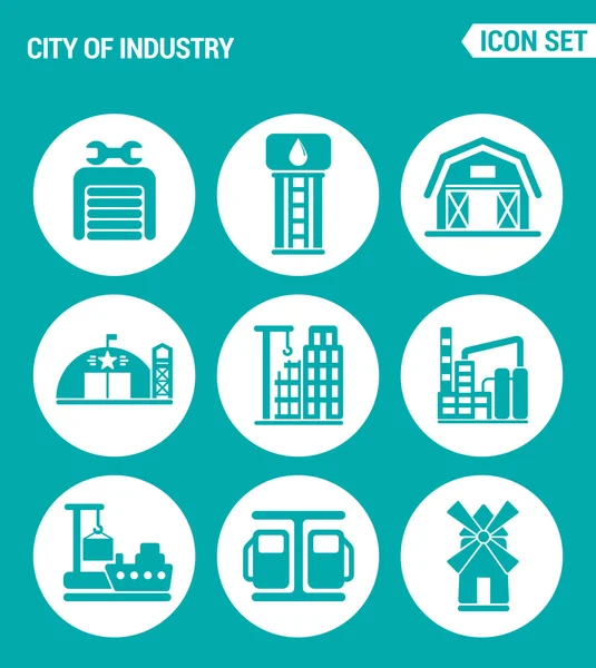 Vector set web icons. City of industry garage, pumping station, farm, military base, home, building, plant, port, mill, filling station. Design of signs, symbols on a turquoise background — Stock Vector