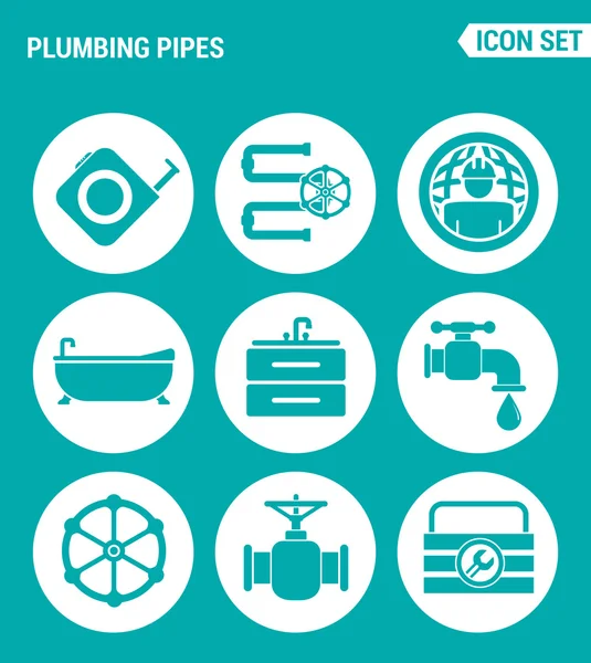 벡터 세트 웹 아이콘입니다. 배관 파이프, 배관, 전세계 배관공, 욕실, 싱크대, 수도꼭지, 장비. 청록색 배경에 표지판, 기호의 디자인 — 스톡 벡터