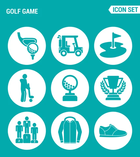 Vector set web icons. Golf game, car, flag, player, ball, cup, reward, sportswear, sneakers. Design of signs, symbols on a turquoise background — Stock Vector