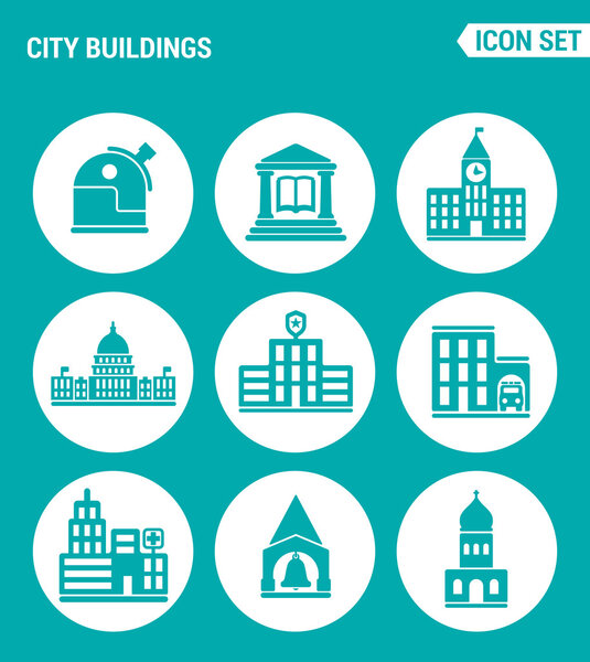 Векторные иконки. Городские здания обсерватория, библиотека, школа, университет, Белый дом, полицейский участок, пожарная часть, больница, церковь. Дизайн знаков, символов на бирюзовом фоне
