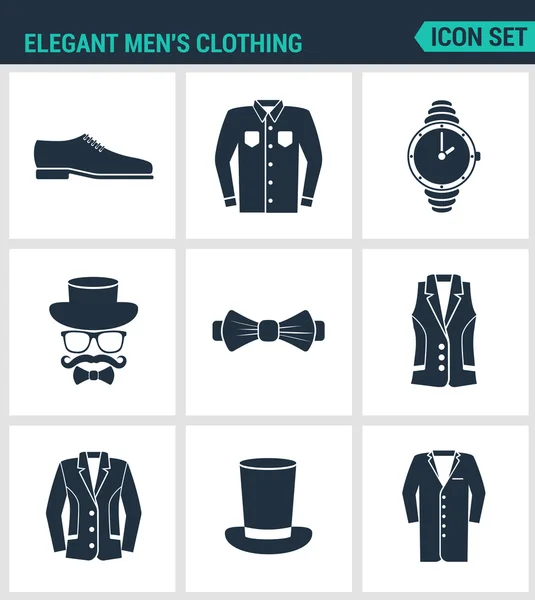 Set of modern vector icons. Elegant men s clothing shoes, shirt, hat watches, glasses, butterfly, vest, jacket, hat, cone coat. Black signs on white background. Design isolated symbols and silhouettes — Stock Vector