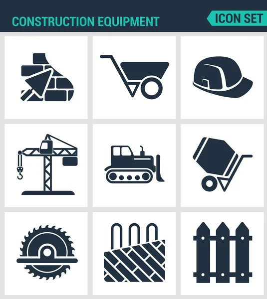 Set van moderne vector iconen. Bouwmaterieel, kruiwagen, helm, kraan, Bulldozer, cement mixer, zaag, geïsoleerde vloer behuizing. Zwarte borden witte achtergrond. Ontwerp geïsoleerde symbolen — Stockvector