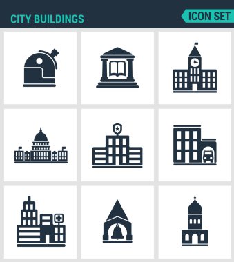 Modern vektör simgeleri kümesi. Şehir binaları gözlemevi, kütüphane, okul, üniversite, beyaz saray, polis, yangın, hastane, kilise. Siyah tabelalar beyaz arka plan. İzole semboller ve silüetler tasarla