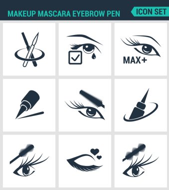 Modern vektör simgeleri kümesi. Makyaj maskara kaş kalemi Kirpikler için bakım, eyeliner, maskara, kalem. Beyaz arka plandaki siyah işaretler. İzole semboller ve silüetler tasarla