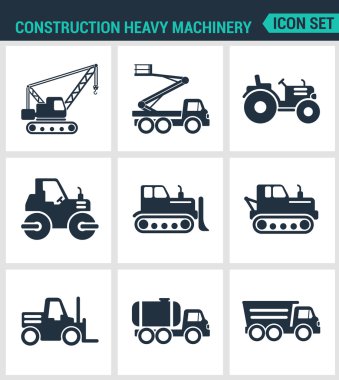 Modern vektör simgeleri kümesi. İnşaat ağır makine traktör, asansör, vinç, rulo, buldozer, damperli kamyon, varil. Beyaz arka plandaki siyah işaretler. İzole semboller ve silüetler tasarla