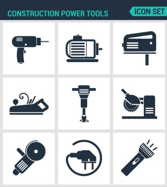 Modern vektör simgeleri kümesi. İnşaat Elektrikli El Aletleri Matkap prefarator, testere, planer, pnömatik çekiç, Bulgar, soket, Fener. Siyah tabelalar beyaz arka plan. İzole semboller siluetleri tasarla