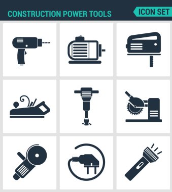 Set of modern vector icons. Construction Power Tools Drill prefarator, saw, planer, pneumatic hammer, Bulgarian, socket, Lantern. Black signs white background. Design isolated symbols silhouettes clipart