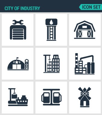Set of modern vector icons. City of industry garage, pumping station, farm, military base, home, building, plant, port, loading, mill. Black sign white background. Design isolated symbols silhouettes clipart