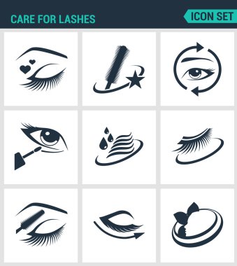 Modern vektör simgeleri kümesi. Kirpikler kozmetik, göz, kaş, kirpik, kalem, eyeliner, maskara için bakım. Beyaz arka plandaki siyah işaretler. İzole semboller ve silüetler tasarla