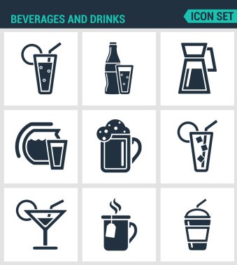 Modern vektör simgeleri kümesi. İçecekler ve içecekler sallamak, martini, şişe, bar, kokteyl, alkol, cam, soda, meyve suyu içecek. Beyaz arka plandaki siyah işaretler. İzole semboller ve silüetler tasarla