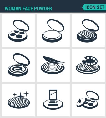Set of modern vector icons. Woman face powder, reticulation, blush, eye shadow. Black signs on a white background. Design isolated symbols and silhouettes clipart