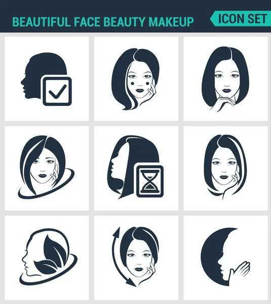 Conjunto de iconos vectoriales modernos. Hermosa belleza facial maquillaje facial, pelo, piel, cosméticos. Signos negros sobre un fondo blanco. Diseño de símbolos y siluetas aisladas — Vector de stock