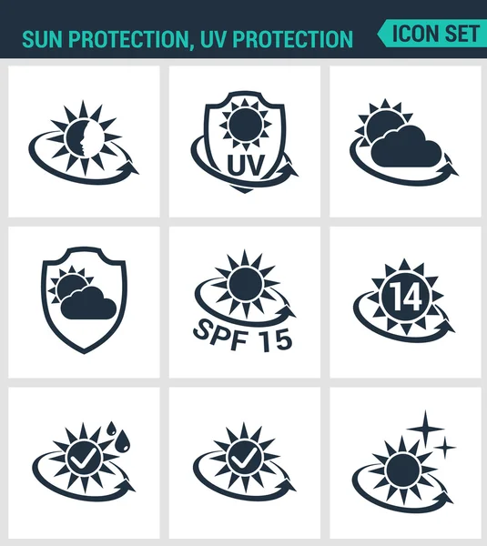 Conjunto de ícones vetoriais modernos. Sol, UV, proteção contra luz, proteção 24 horas por dia contra o tempo SPF. Sinais pretos em um fundo branco. Projete símbolos isolados e silhuetas — Vetor de Stock