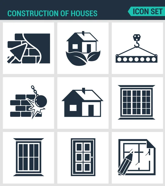 Conjunto de iconos vectoriales modernos. Construcción de casas paredes de yeso, eco-casa, bar, grifo, romper las paredes, ventanas, puertas, proyecto. Signos negros fondo blanco. Diseño de siluetas de símbolos aislados — Archivo Imágenes Vectoriales