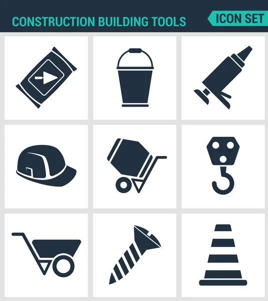 Stel moderne vector pictogrammen in. Construction Building Tools cement, emmer, silicone, helm, betonmixer, kraan, tachanka, schroef, kegel. Zwarte borden witte achtergrond. Ontwerp geïsoleerde symbolen silhouetten — Stockvector