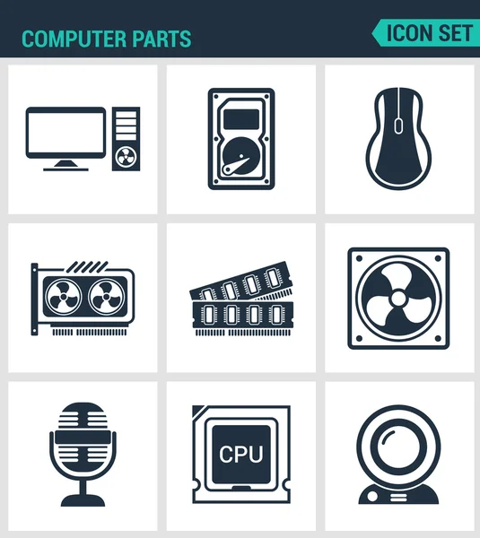 Ensemble d'icônes vectorielles modernes. Pièces d'ordinateur Ordinateur, disque dur, souris, carte vidéo, RAM, refroidisseur, CPU, cycles, webcam. Signes noirs sur fond blanc. Design symboles isolés et silhouettes — Image vectorielle