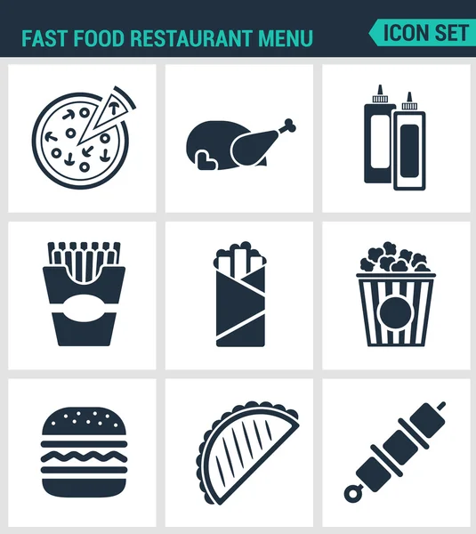 Impostare icone vettoriali moderne Fast food menu pizza, pollo, ketchup, maionese, patatine fritte, shawarma, popcorn, cheeseburger, hamburger, kebab, cheburek. Segni neri sfondo bianco isolato — Vettoriale Stock