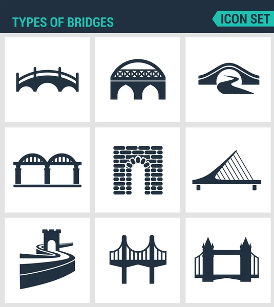 Set of modern vector icons. Types of bridges architecture, construction. Black signs on a white background. Design isolated symbols and silhouettes — Stock Vector