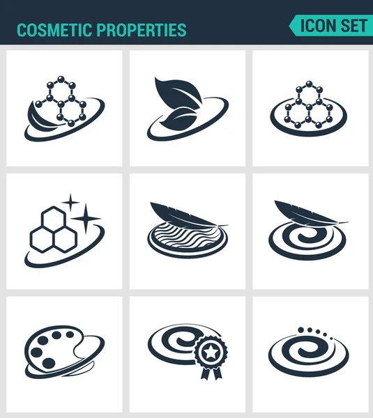 Conjunto de iconos vectoriales modernos. Propiedades cosméticas fórmula, ligereza, suavidad, textura, color, mejorado. Signos negros sobre un fondo blanco. Diseño de símbolos y siluetas aisladas — Vector de stock