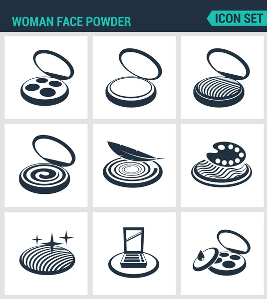 Conjunto de iconos vectoriales modernos. Polvo facial de mujer, reticulación, rubor, sombra de ojos. Signos negros sobre un fondo blanco. Diseño de símbolos y siluetas aisladas — Vector de stock