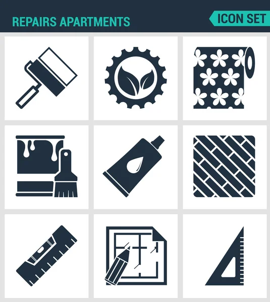 Set of modern vector icons. Repairs apartments roller gear, wallpaper, paint, glue, board level layout, square. Black signs on a white background. Design isolated symbols and silhouettes — Stock Illustration Set of modern vector icons. Repairs apartments roller gear, wallpaper, paint, glue, board level layout, square. Black signs on a white background. Design isolated symbols and silhouettes Royalty Free Stock Vectors