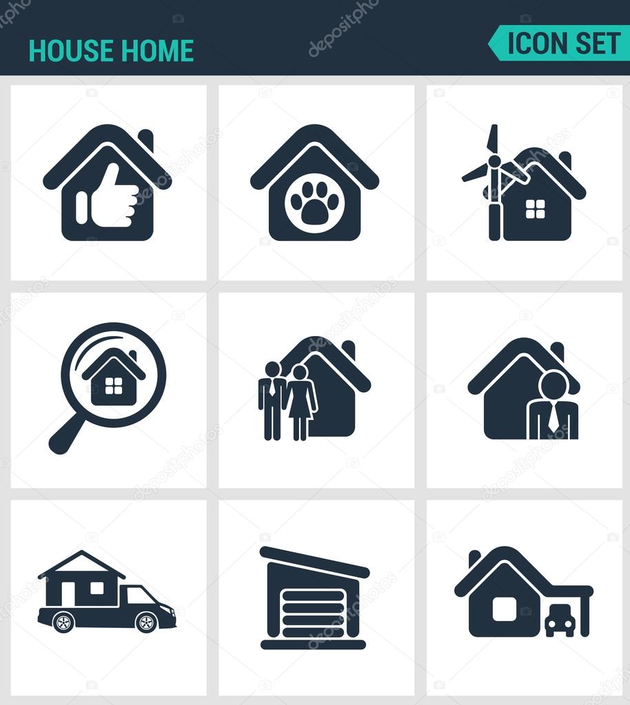 Set of modern vector icons. House home selling home, shelter animal, power, search, seed agent, motor home, garage, car. Black signs on a white background. Design isolated symbols and silhouettes.