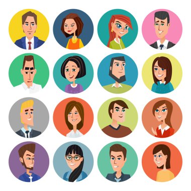 Erkek ve kadın karikatür koleksiyonu karşı karşıyadır. Vektör toplama simgesi renkli insanlar modern düz tasarımı ayarlayın. Kadın ve erkek avatarları karakterler.