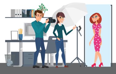 Business professional work the team office. Working photographer photographing the model in the photo studio. Teamwork workplace. Vector creative illustrations flat design worker people Women and Man