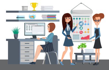 Business professional women work the team office. Working with a computer presentation of infographics. Teamwork in the workplace. Vector creative illustrations flat design worker people