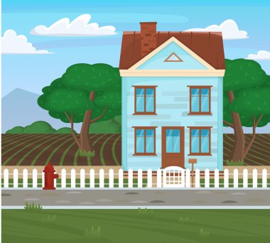 Tarla ve ev ve ağaç tarım karikatür kavramı. Alanlar ile kırsal ev kırsal manzara. Vektör Düz İllüstrasyon