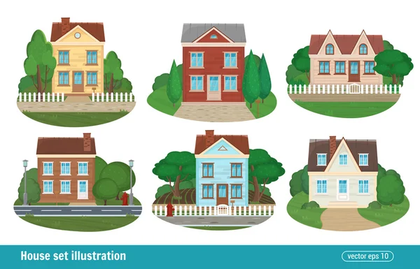 Set cottage e casas residenciais imóveis edifício da cidade ícones da casa isolada de edifícios modernos coloridos detalhados. Ilustração vetorial estilo plano — Vetor de Stock