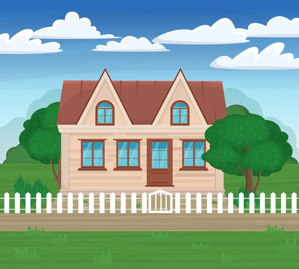 Vector illustraties modern huis op de natuur met een wit hek en groene bomen. Familie huis. Landelijk landschap — Stockvector