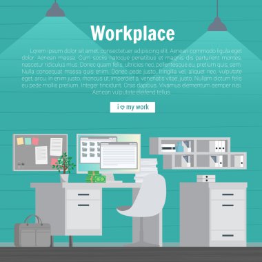 Collection stylish colors business work flow items elements, things, equipment, objects. Flat modern design concept of creative office room interior workspace, workplace. Vector illustration