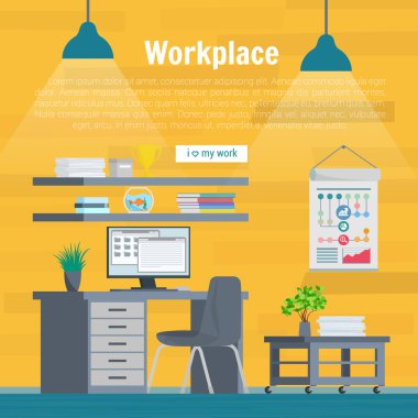 Collection stylish colors business work flow items elements, things, equipment, objects. Flat modern design concept of creative office room interior workspace, workplace. Vector illustration