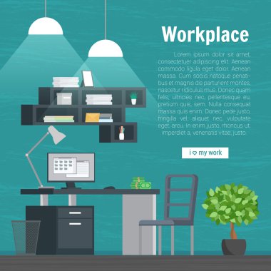 Collection stylish colors business work flow items elements, things, equipment, objects. Flat modern design concept of creative office room interior workspace, workplace. Vector illustration