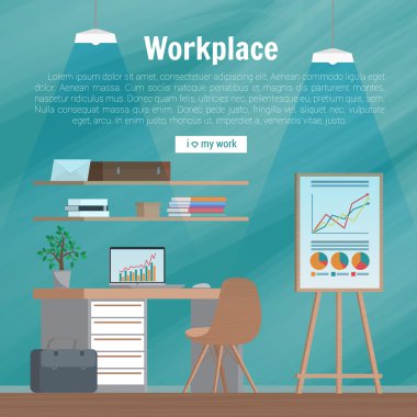 Collection stylish colors business work flow items elements, things, equipment, objects. Flat modern design concept of creative office room interior workspace, workplace. Vector illustration