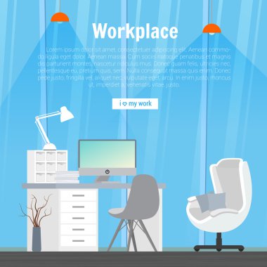 Collection stylish colors business work flow items elements, things, equipment, objects. Flat modern design concept of creative office room interior workspace, workplace. Vector illustration