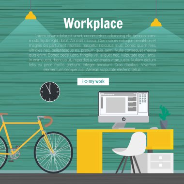 Collection stylish colors business work flow items elements, things, equipment, objects. Flat modern design concept of creative office room interior workspace, workplace. Vector illustration