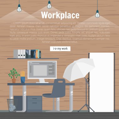 Collection stylish colors business work flow items elements, things, equipment, objects. Flat modern design concept of creative office room interior workspace, workplace. Vector illustration